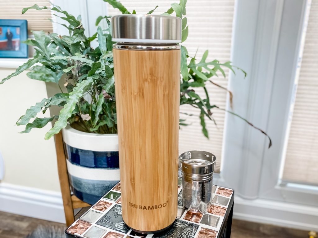 Moso Bamboo tumbler from tru bamboo with detachable tea or fruit strainer.