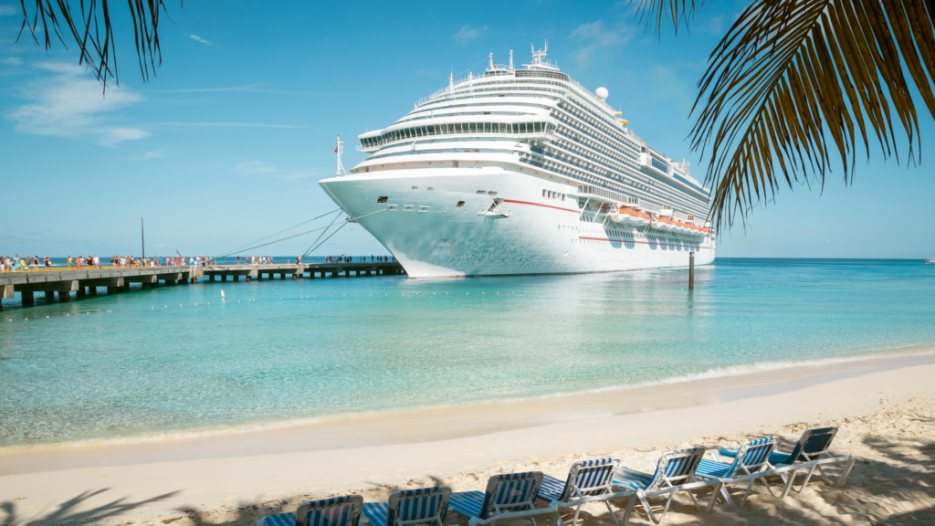 Cruise ship by a sandy beach