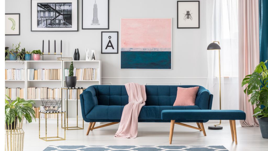 Stylish Living room with blue sofa and pink cushion and accossries