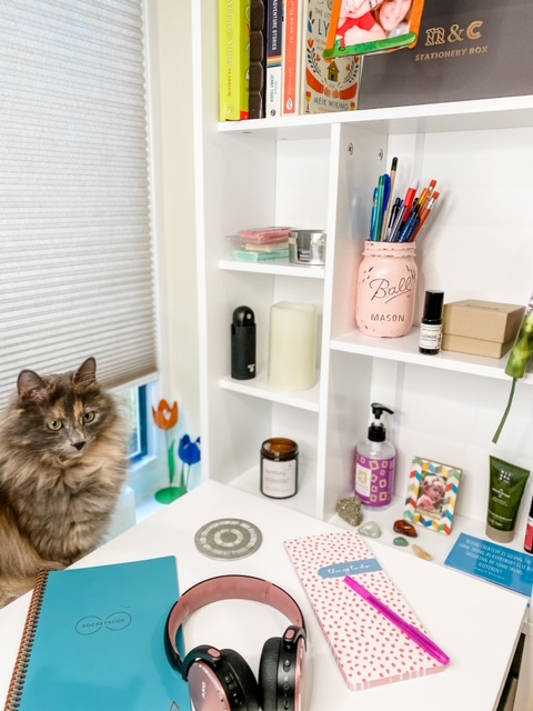 Small home office with a cat looking at the desk