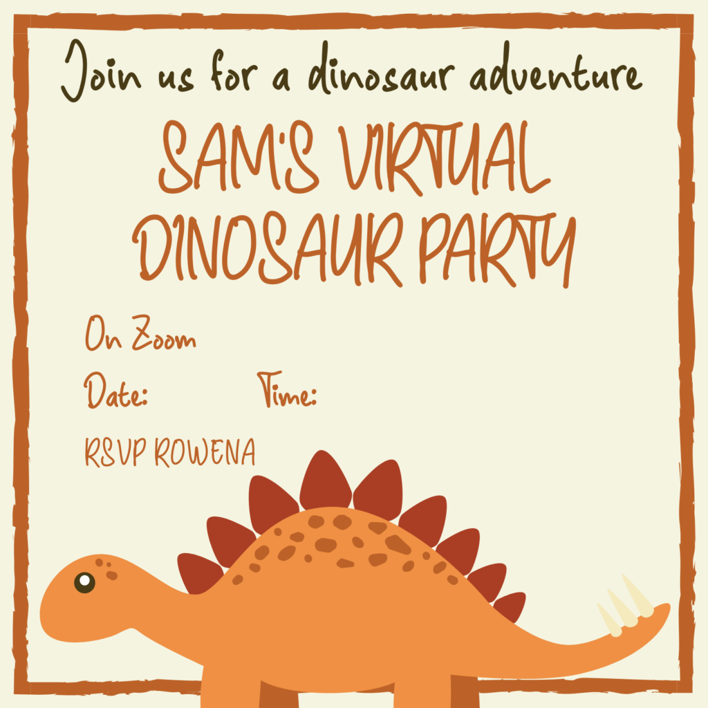 A virtual birthday invitation with an orange dinosaur
