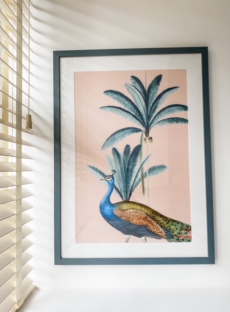 Beautiful peacock art print with pink background and palm trees