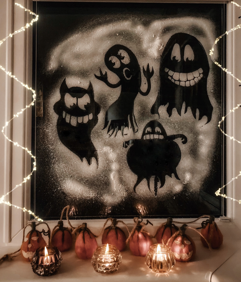 Halloween snow window stencils of ghoulish ghosts