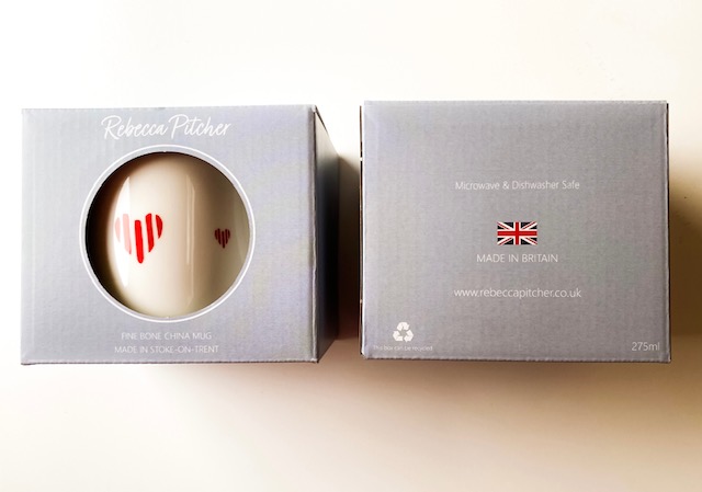 2 fine bone china mugs with hearts design in Rebecca Pitcher box