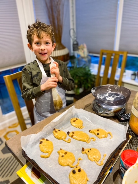 boy making gingerbread mice