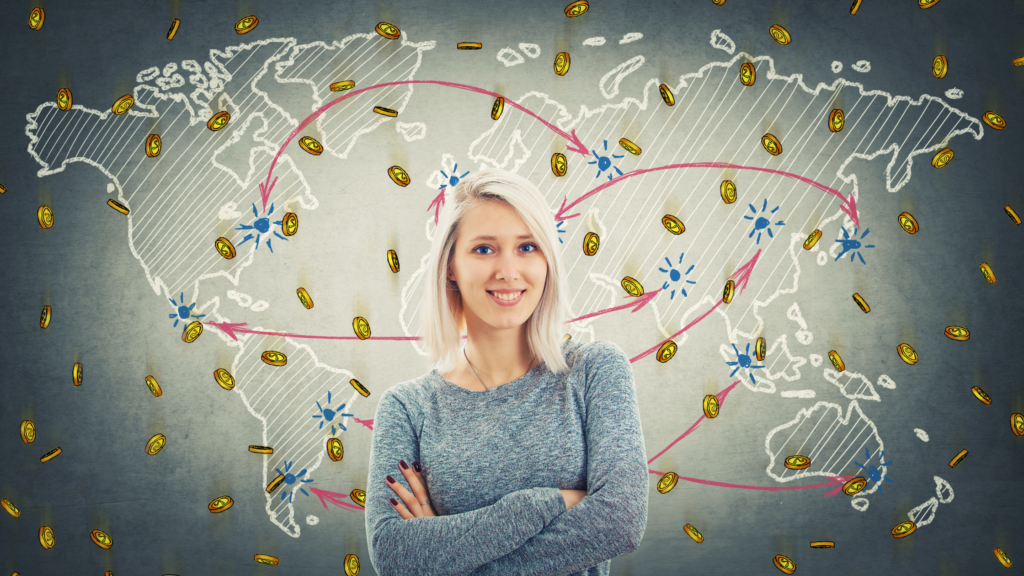 Crypto mum - a lady with a map of the world and cryptocurrency behind her.