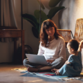 Mum on floor with laptop trying to work and toddler sitting next to her