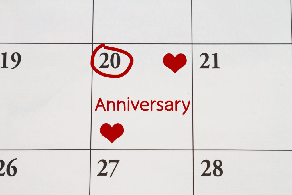 anniversary typed in red on a calendar with red hearts