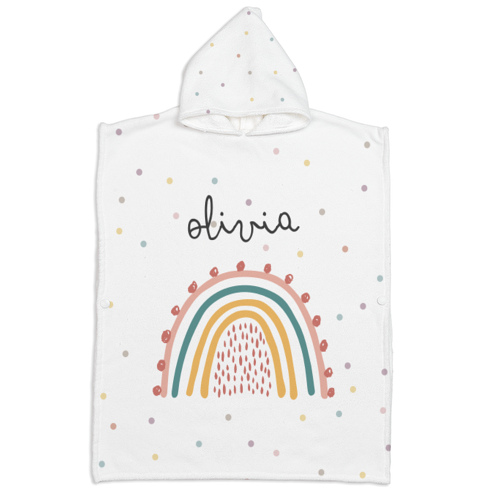 Personalised childs poncho for swimming pool or beach with rainbow design