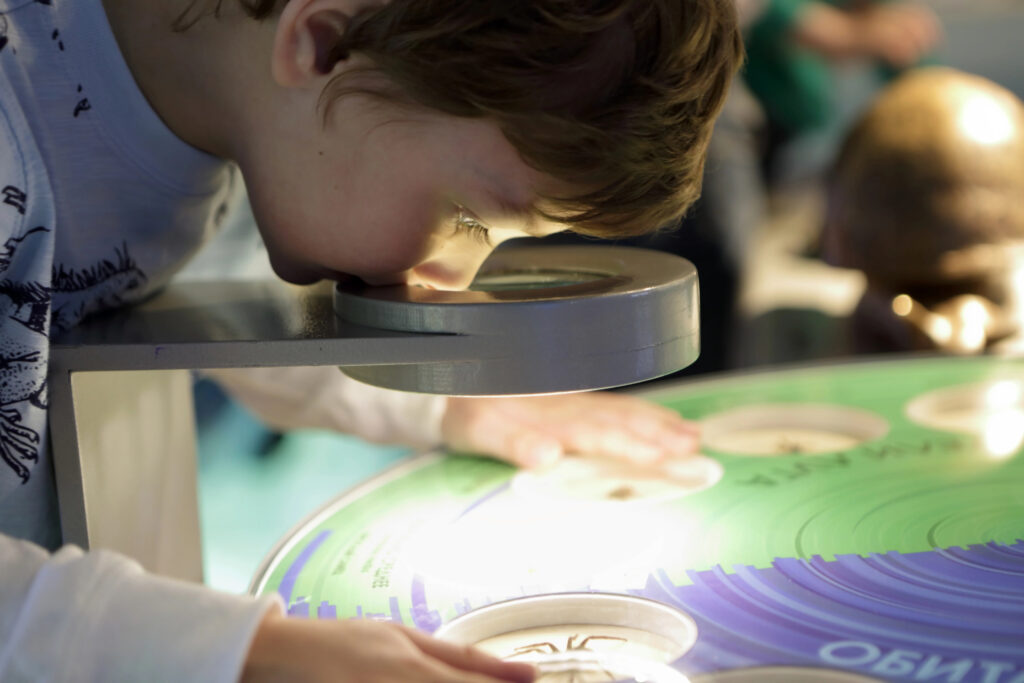 Boy looking through a microscope at science museum