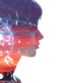 Girls face outlined with AI graphics around her