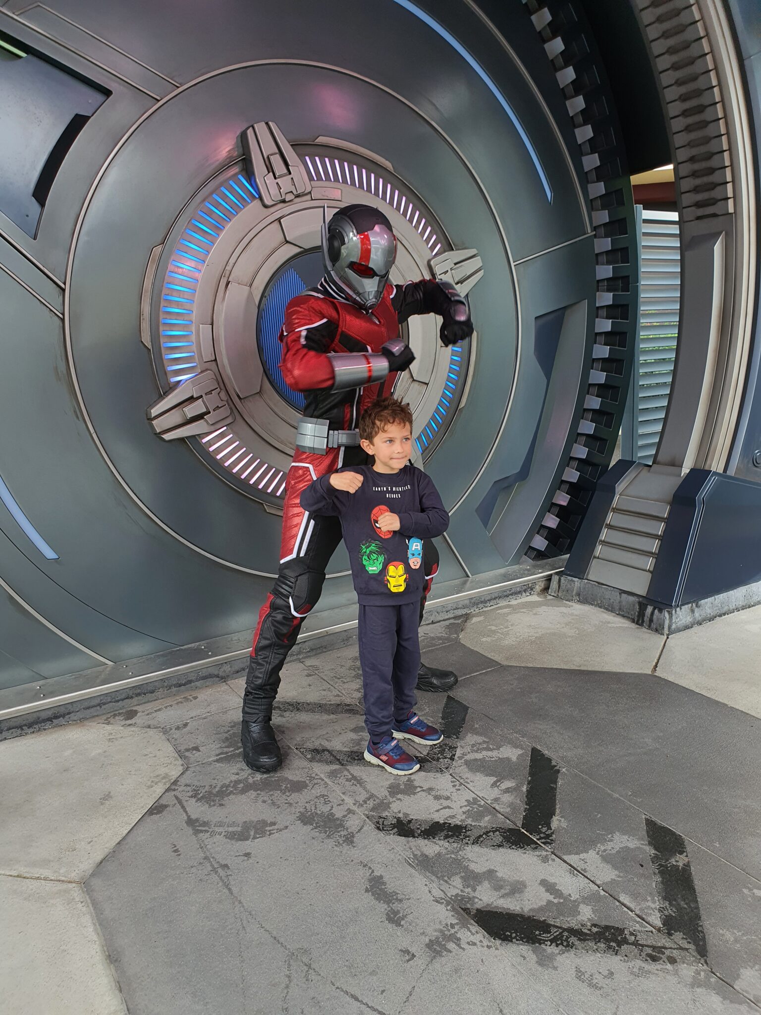 Ant man meeting boy at Disneyland paris at the Marvel Avengers campus