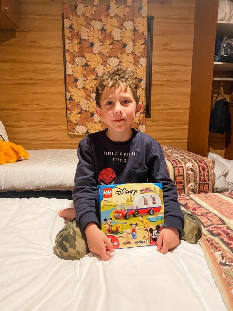 Boy with his Disney Lego from Very at the Davy Crockett Ranch at Disneyland Paris