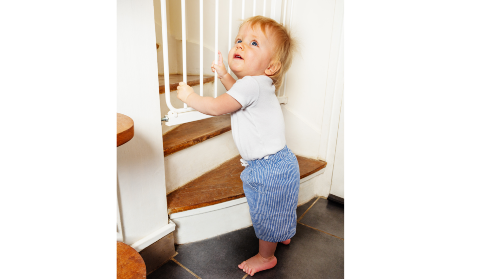 Toddler at the bottom of the stairs holding onto a baby gate