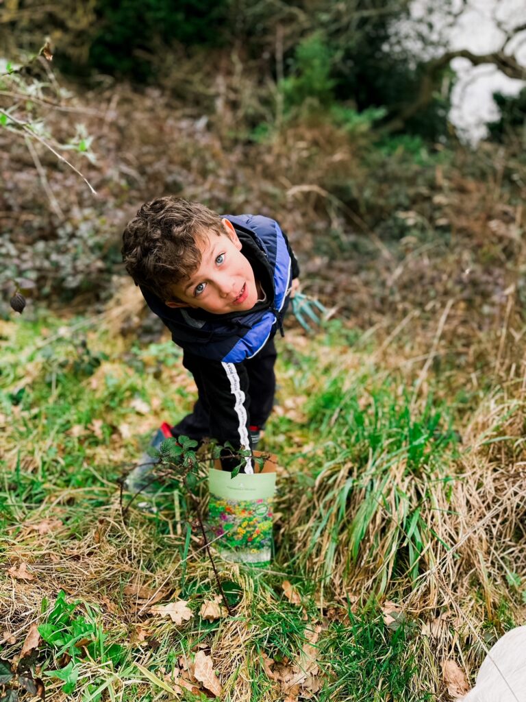 Boy reaching for wildflower seeds