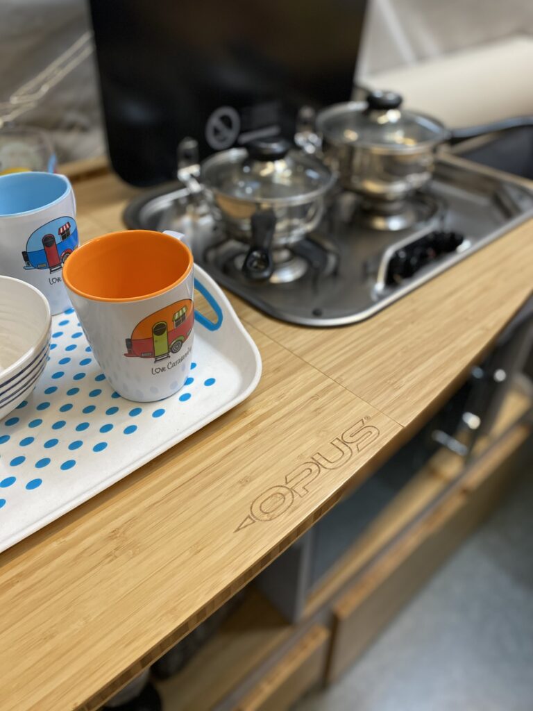 Inside an Opius Trailer tent, the kitchen area