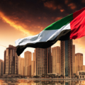 UAE flag flying with Dubai skyline in the background