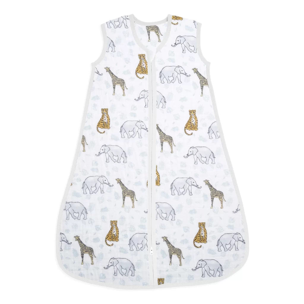 A gorgeous baby sleep bag in animal jungle design made from cotton
