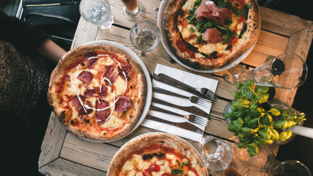 Pizza on a table ina restaurant