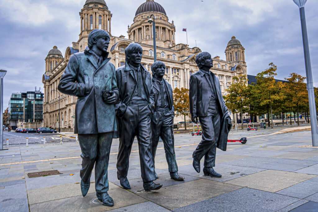 The famous bronze statue of the Beatles in Liverpool