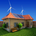 Sustaianable home illustration of house with wind farm and solar panels on green grass