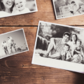 Black and white photos on wodden table
