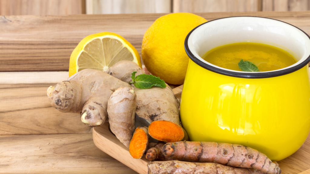 Ginger and lemon next to ginger and lemon tea