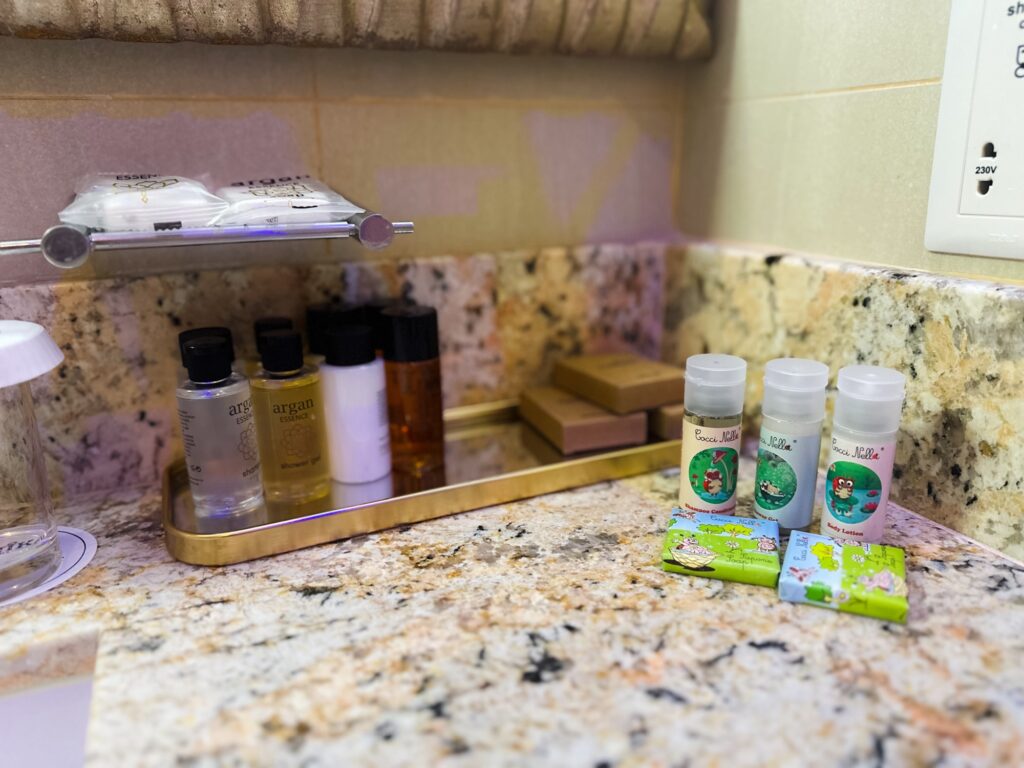 Toiletries in the room at Alexander the Great Beach Hotel
