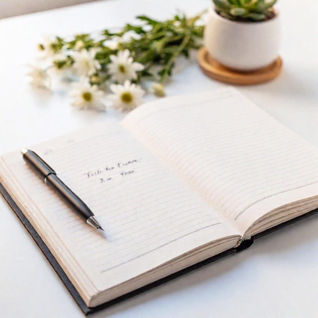 An open journal on a desk with a pen and a small bunch of daisies next to it.