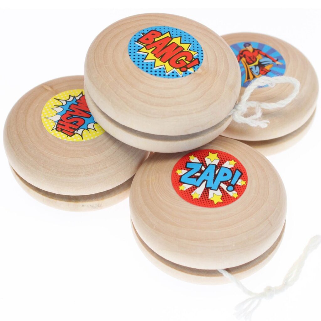 Wooden YoYo superhero theme for eco-friendly party bag fillers