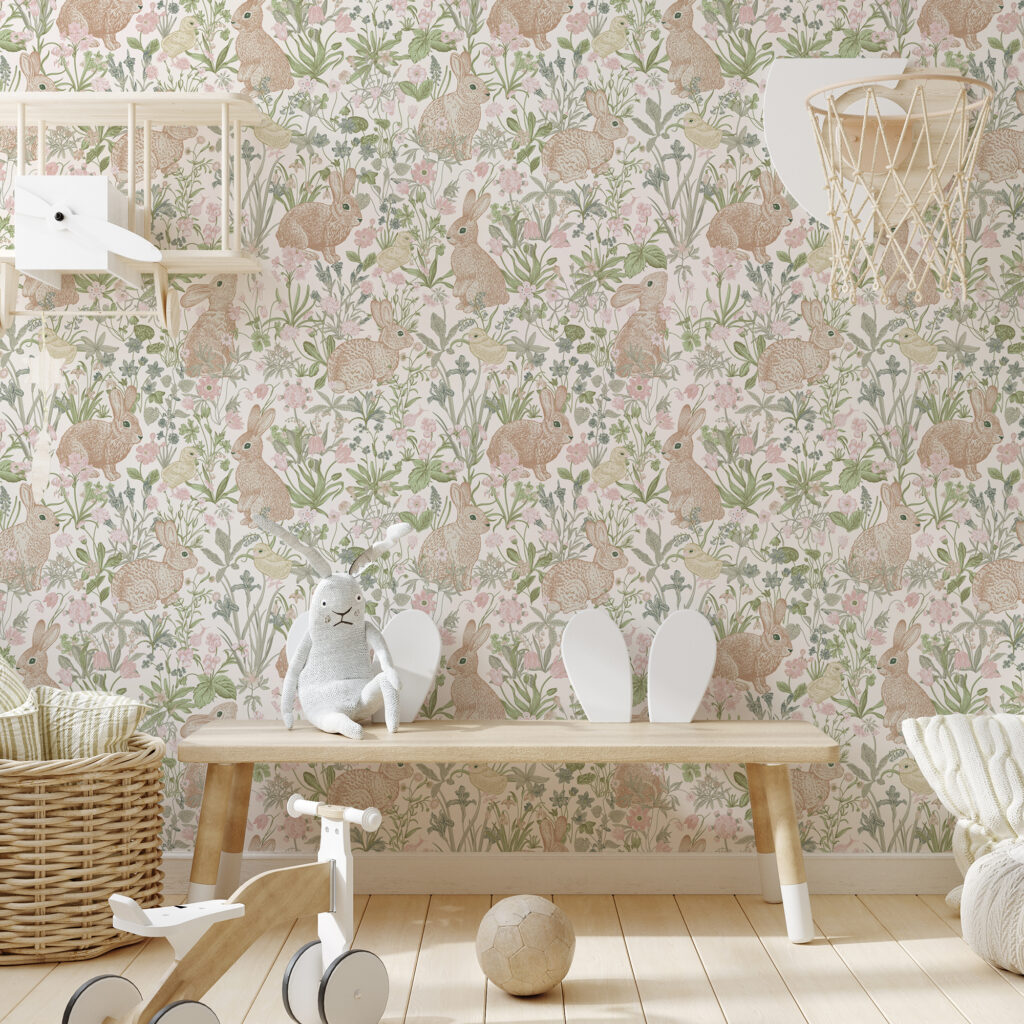 April rabbit Easter wallpaper in room with wooden bench basketball hoop and planes