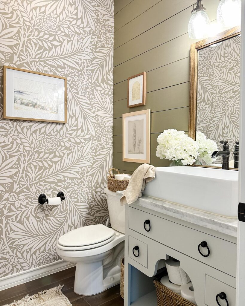 Beatrix wallpaper in green and white in sage green bathroom