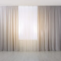 Light grey window curtains and white tulle indoors