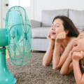 A mum and daughter too hot in their home so cooling down by using s green fan