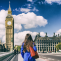 Lady walking towards Big Ben