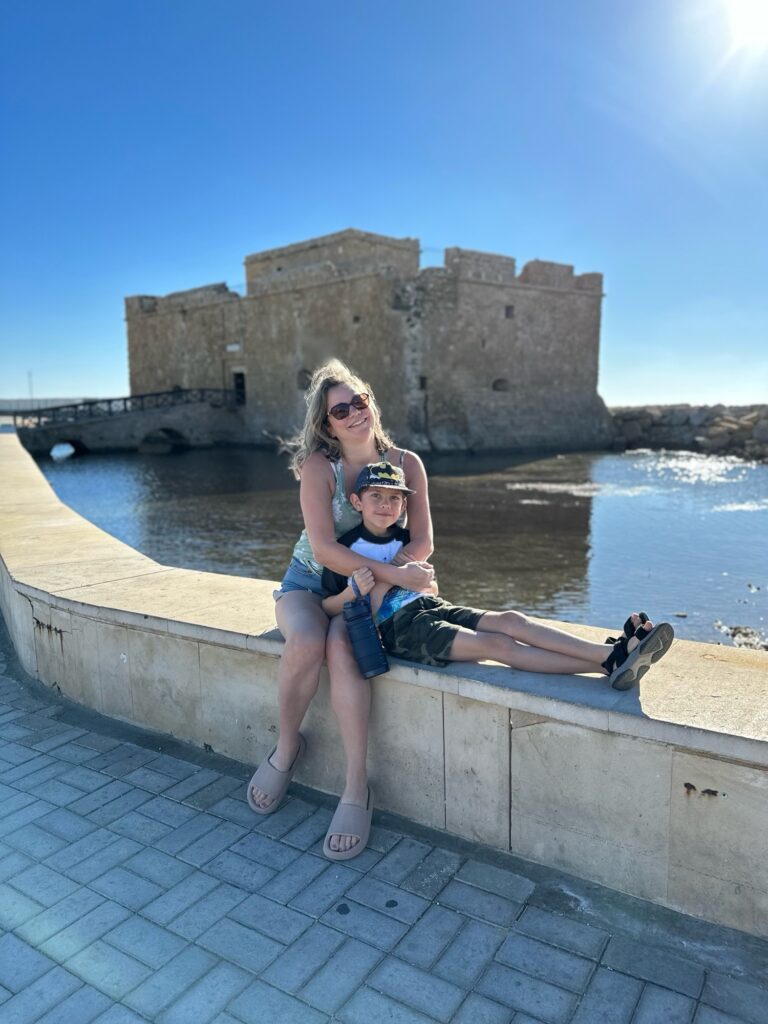 Mum and son outside Paphos Castle