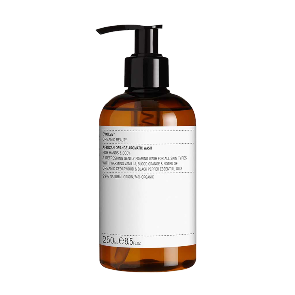 A picture of the 250ml bottle African Ornage Hand and Body Wash from Evolve Organic