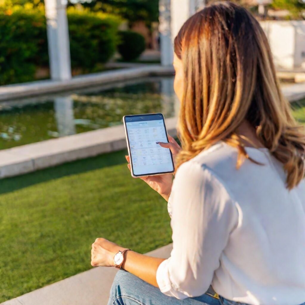 A lady looking at her digital calendar whilst she sits on a bench in the park