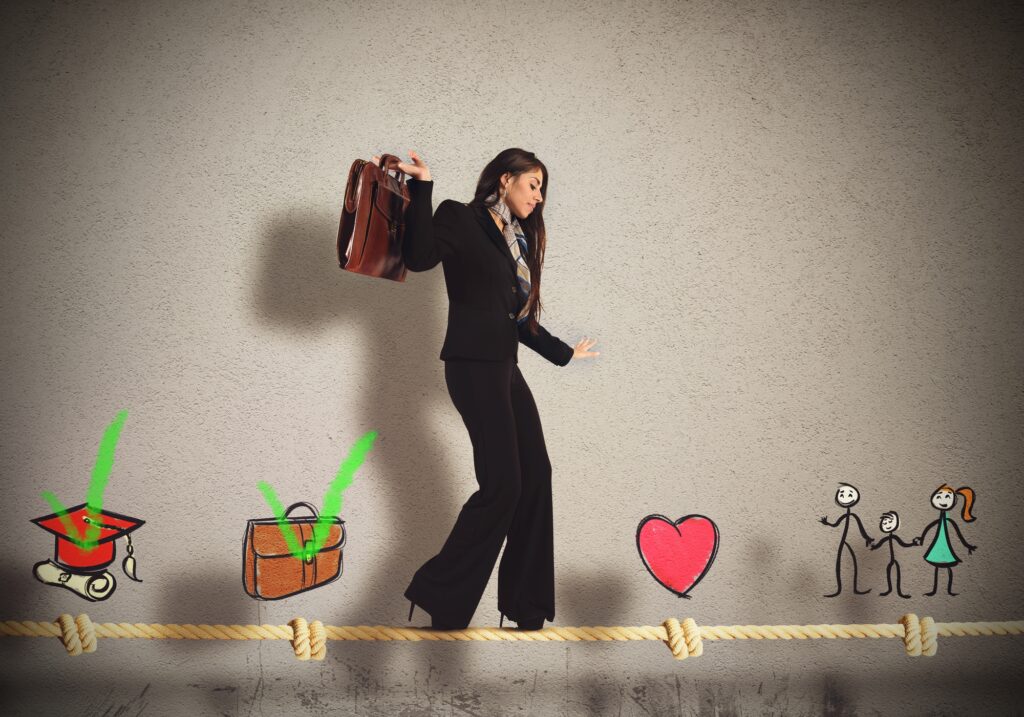 Business woman with brief case trying to vlance on a plank with cartoons to represent career and life to represent the stages of work and life