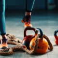 Ladies foot on weight in home gym in a garage