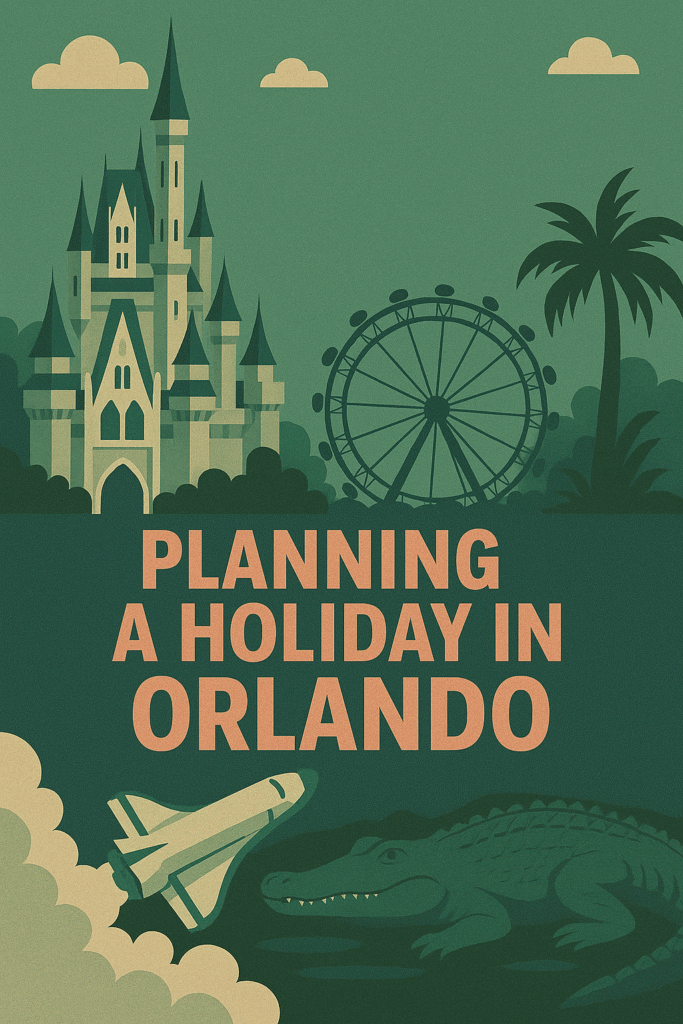 A Pin for pinterest with graphic representing the magic of Orlando showing a rocket launching, Disney castle, the Orlando Eye and an alligator. The text Pallning a Holiday in Orlando appears in pink font contrasting nicely against the blue design of the banner.