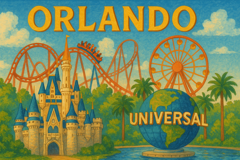 Orlando postcard in bright colours showing a rollercoaster, Disney castle and universal globe