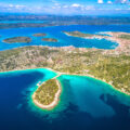 Island of Murter archipelago aerial panoramic view, scenic coast of Dalmatia in Croatia