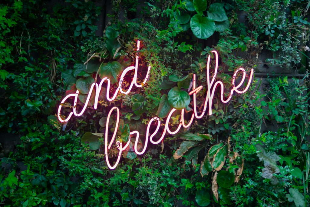 Neon sign saying 'and breathe' in pink light with leafy green background.