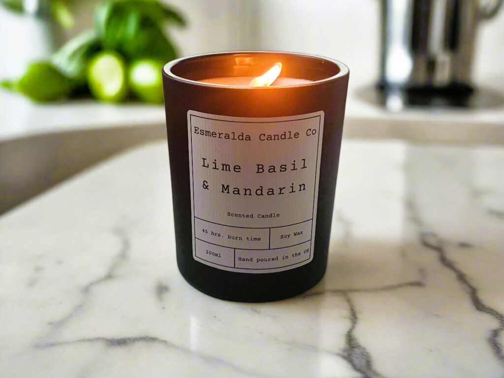 Lime, Basil & Mandarin candle on a marble worktop