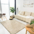 Small living room with neutral colours and white floor with rug