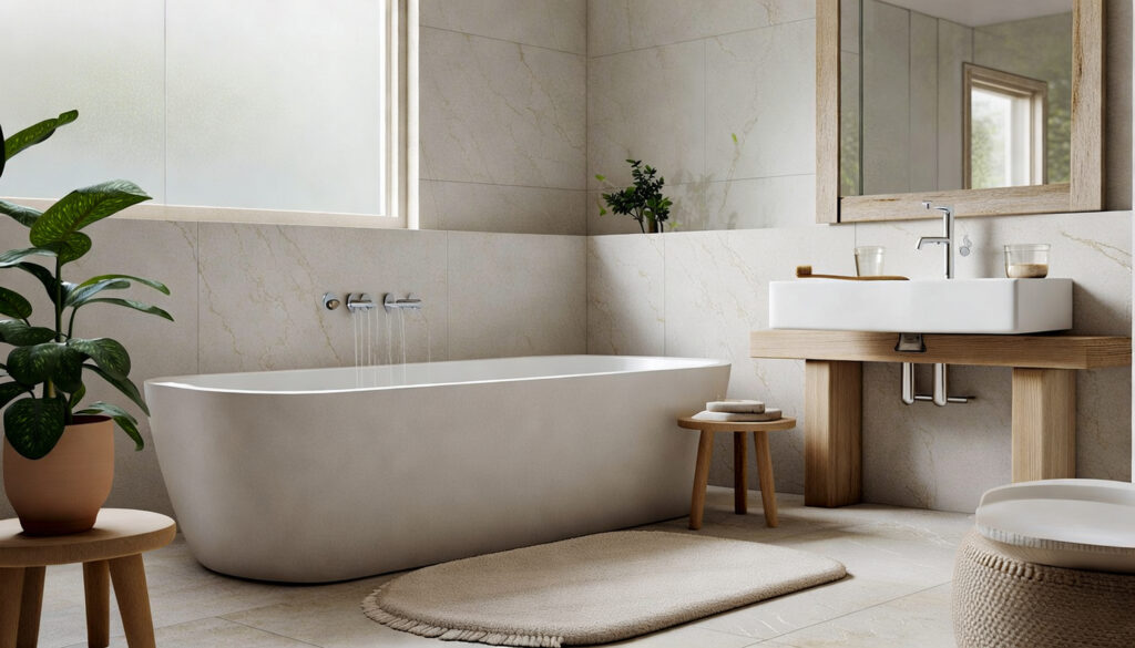 Eco friendly bathroom with natural light big bath and palnts