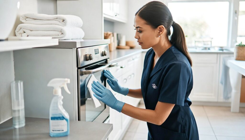 Professional cleaner in a kitchen cleaning the front of an oven