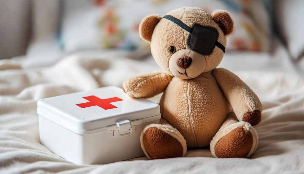 A teddy bear on the bed with an eye patch and an arm resting on a first aid box