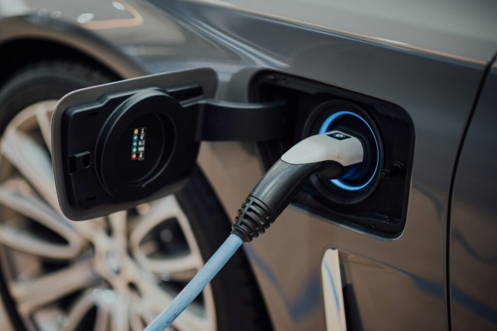 An electric car charging point whilst connected to charge